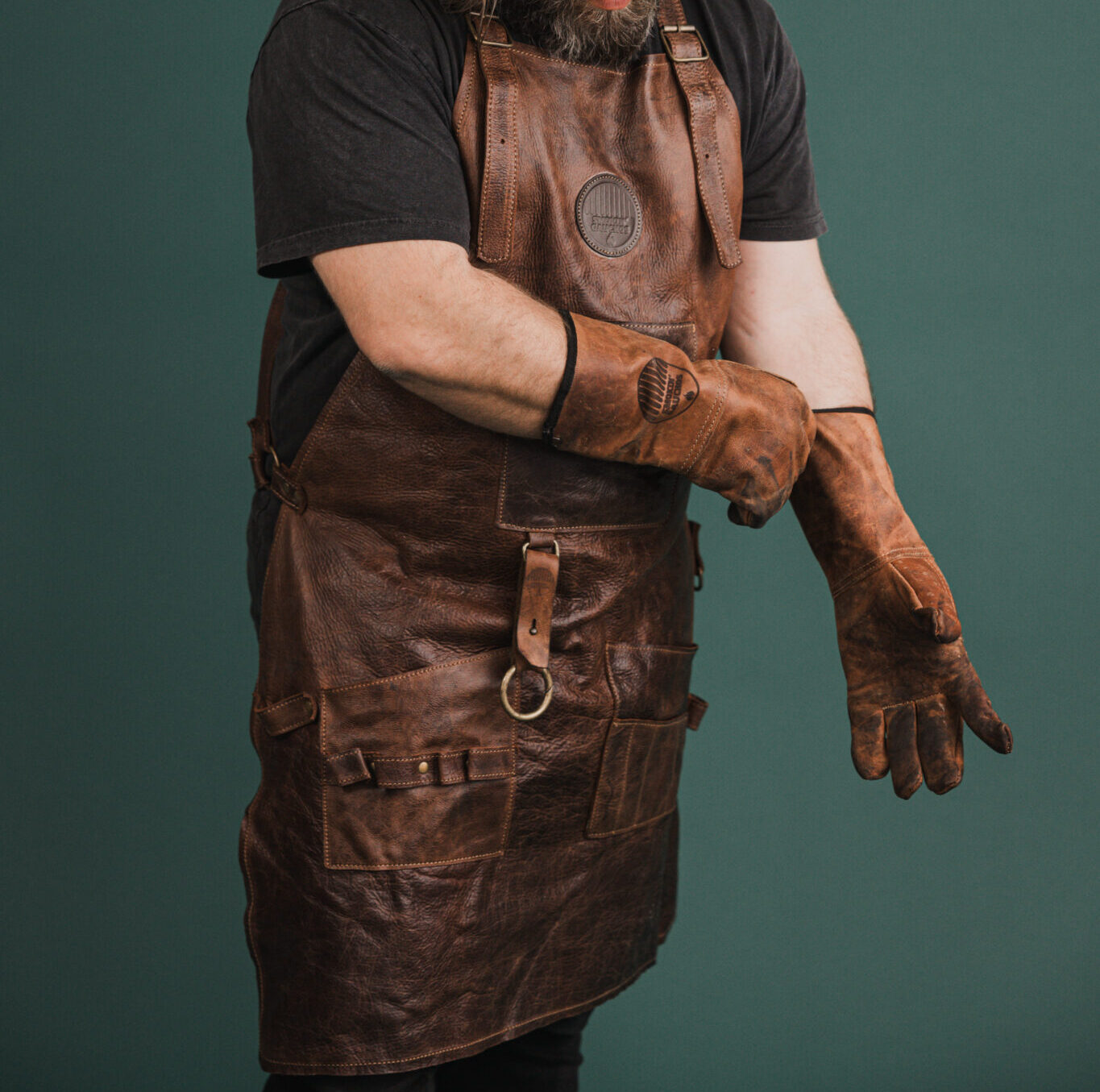 Smokin' Gauchos Handcrafted Leather Fire Gloves and Apron Set