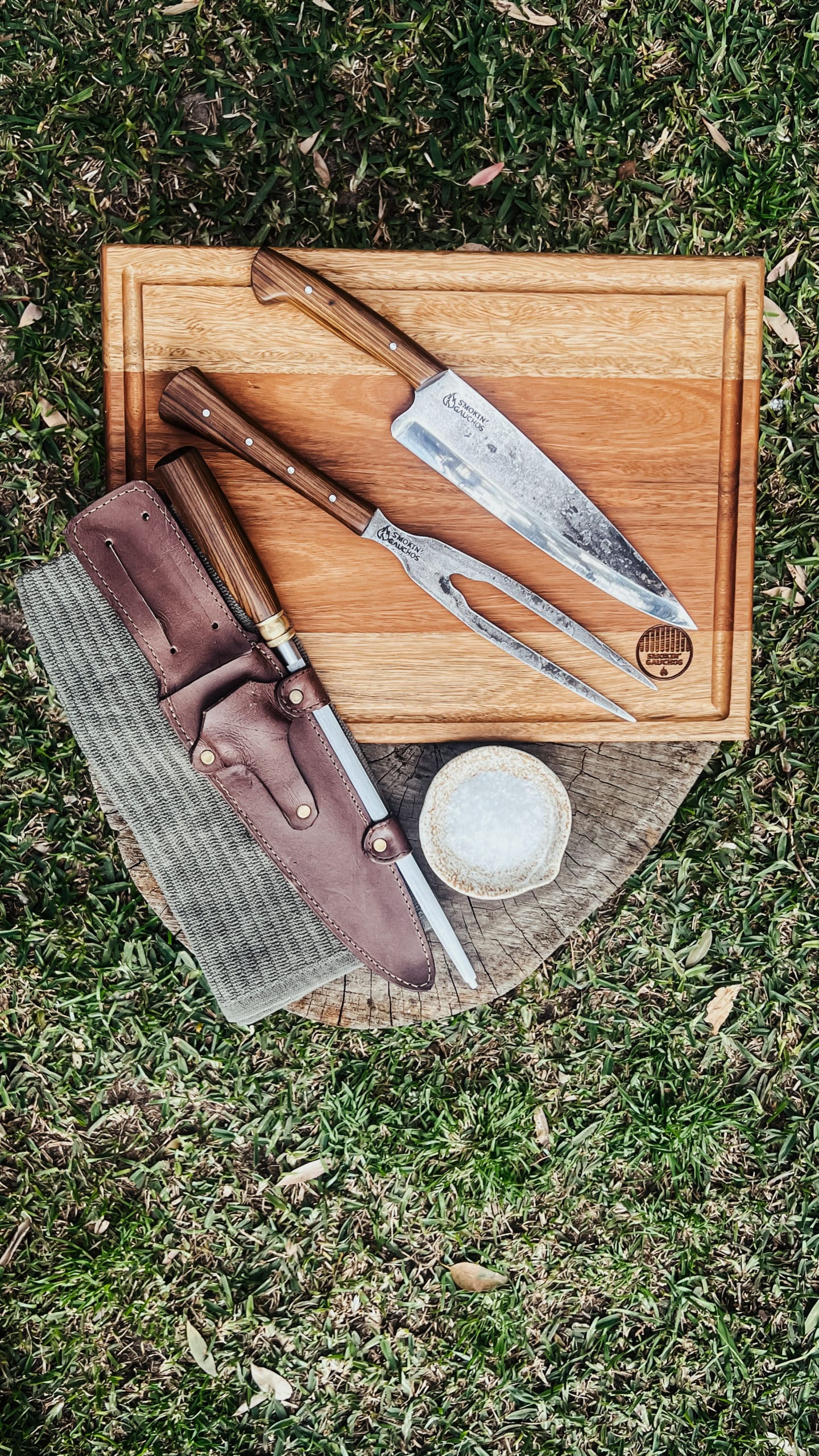 Handmade Carving Knife, Fork & Honing Steel Set + Leather Sheath
