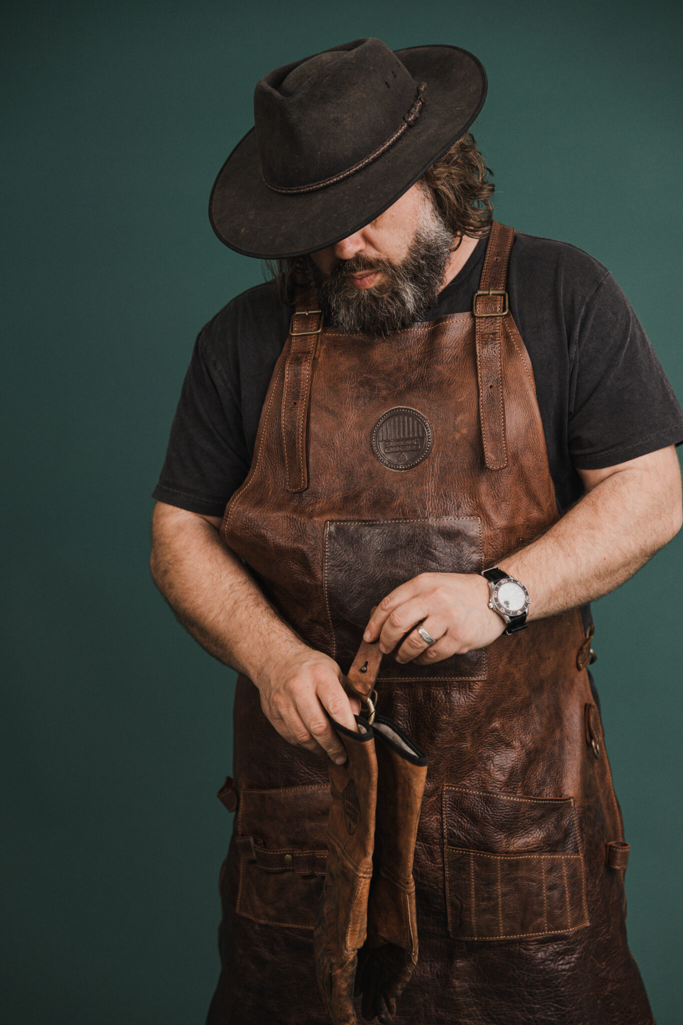 Smokin' Gauchos Handcrafted Leather Fire Gloves and Apron Set Handcrafted Leather Fire Gloves and Apron Set