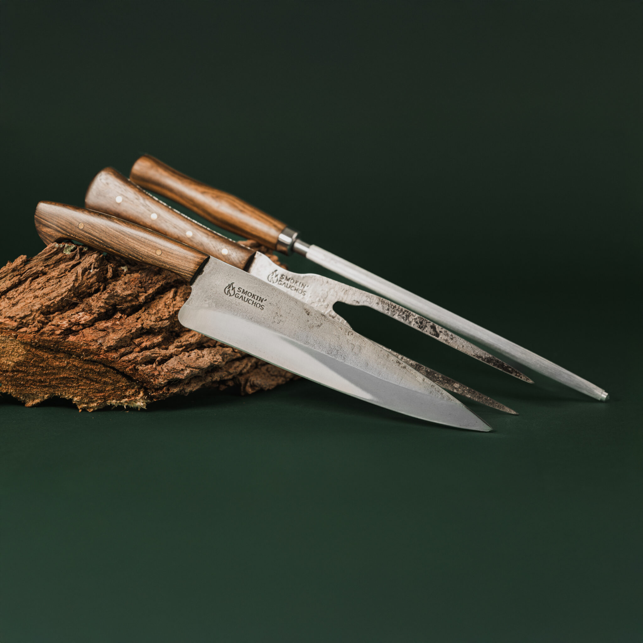 Smokin' Gauchos Handmade Carving Knife, Fork & Honing Steel Set + Leather Sheath