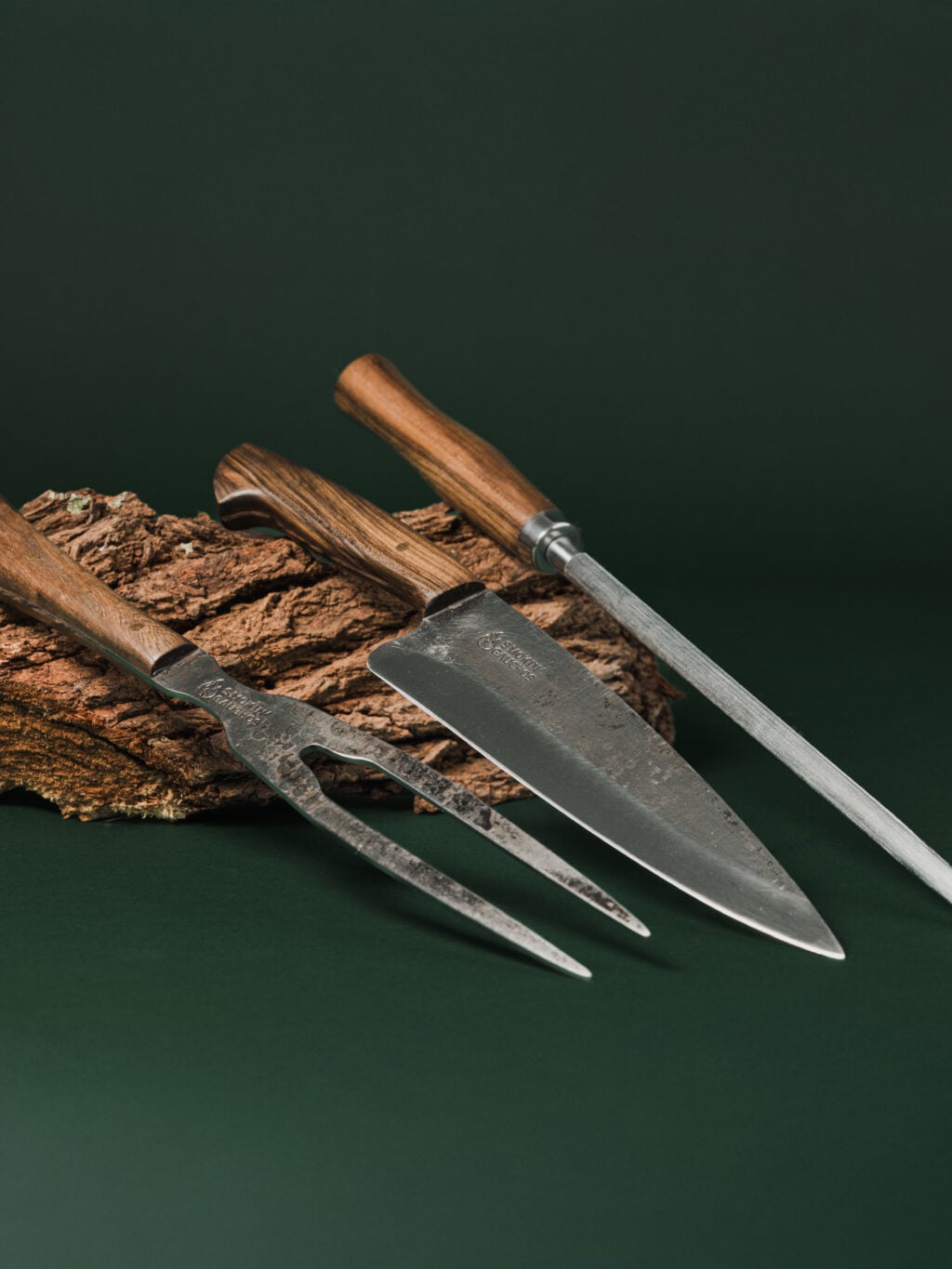 Smokin' Gauchos Handmade Carving Knife, Fork & Honing Steel Set + Leather Sheath