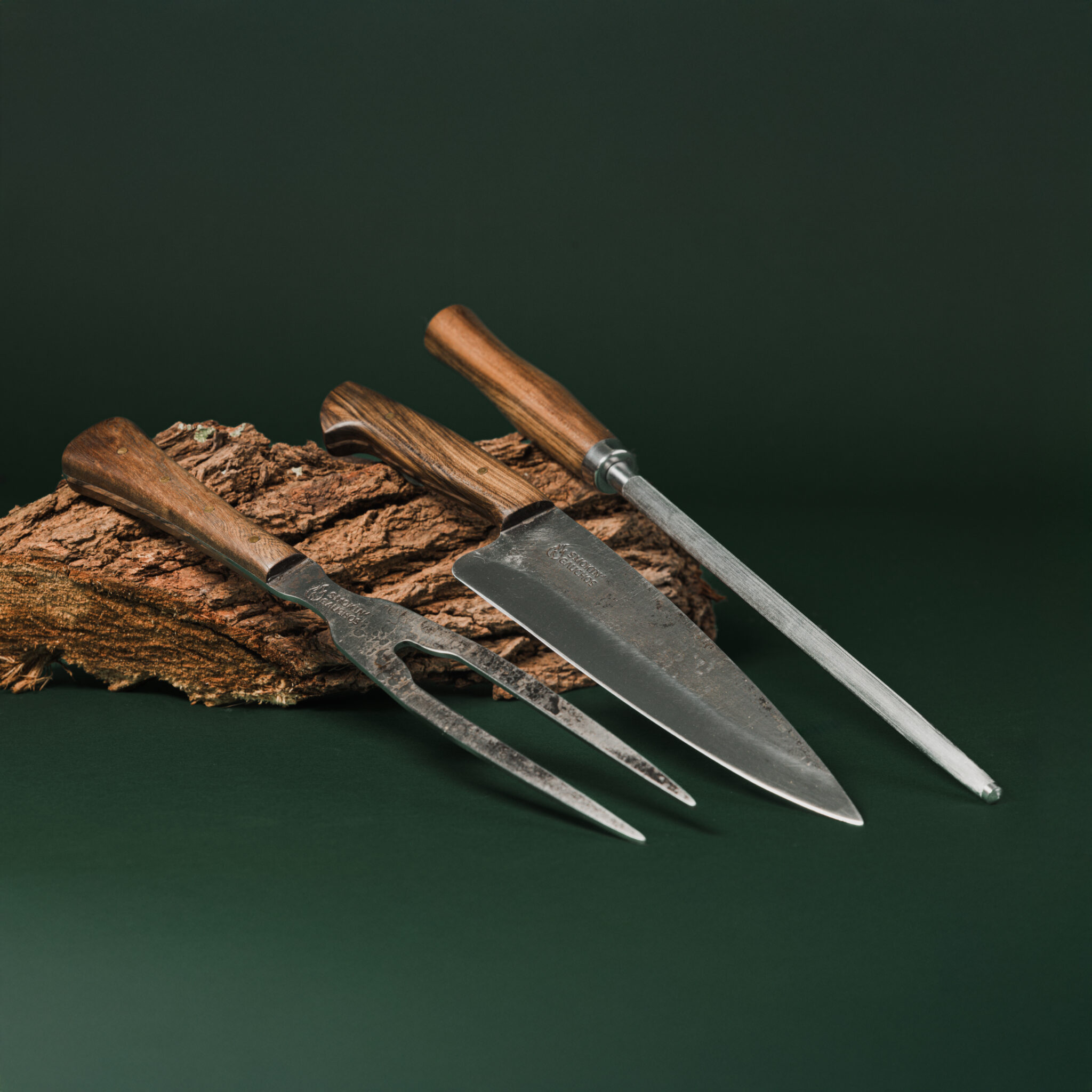 Smokin' Gauchos Handmade Carving Knife, Fork & Honing Steel Set + Leather Sheath