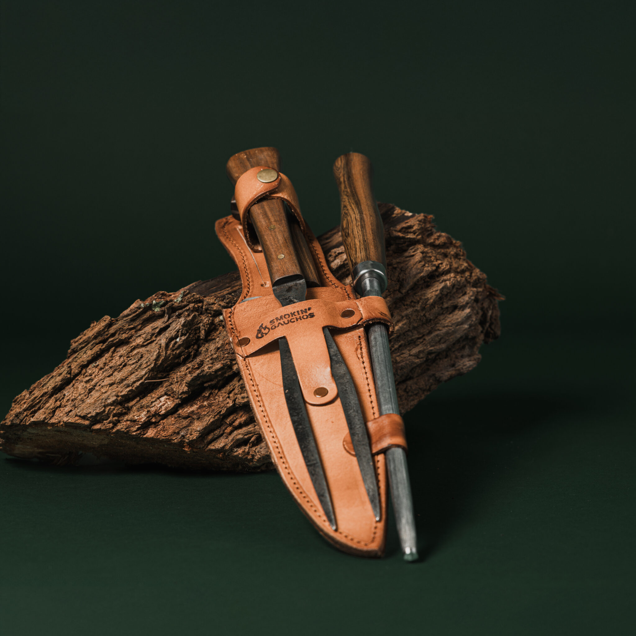 Smokin' Gauchos Handmade Carving Knife, Fork & Honing Steel Set + Leather Sheath