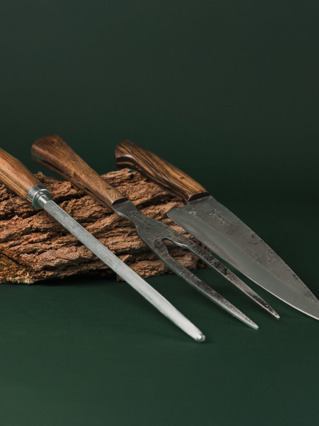 Smokin' Gauchos Handmade Carving Knife, Fork & Honing Steel Set + Leather Sheath