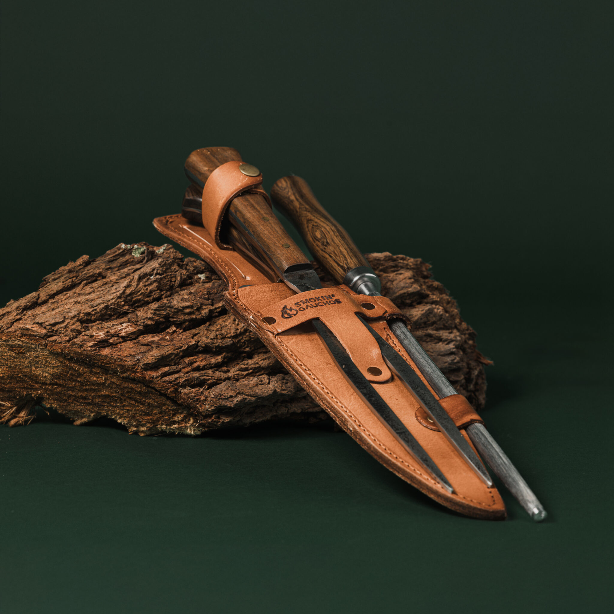 Smokin' Gauchos Handmade Carving Knife, Fork & Honing Steel Set + Leather Sheath