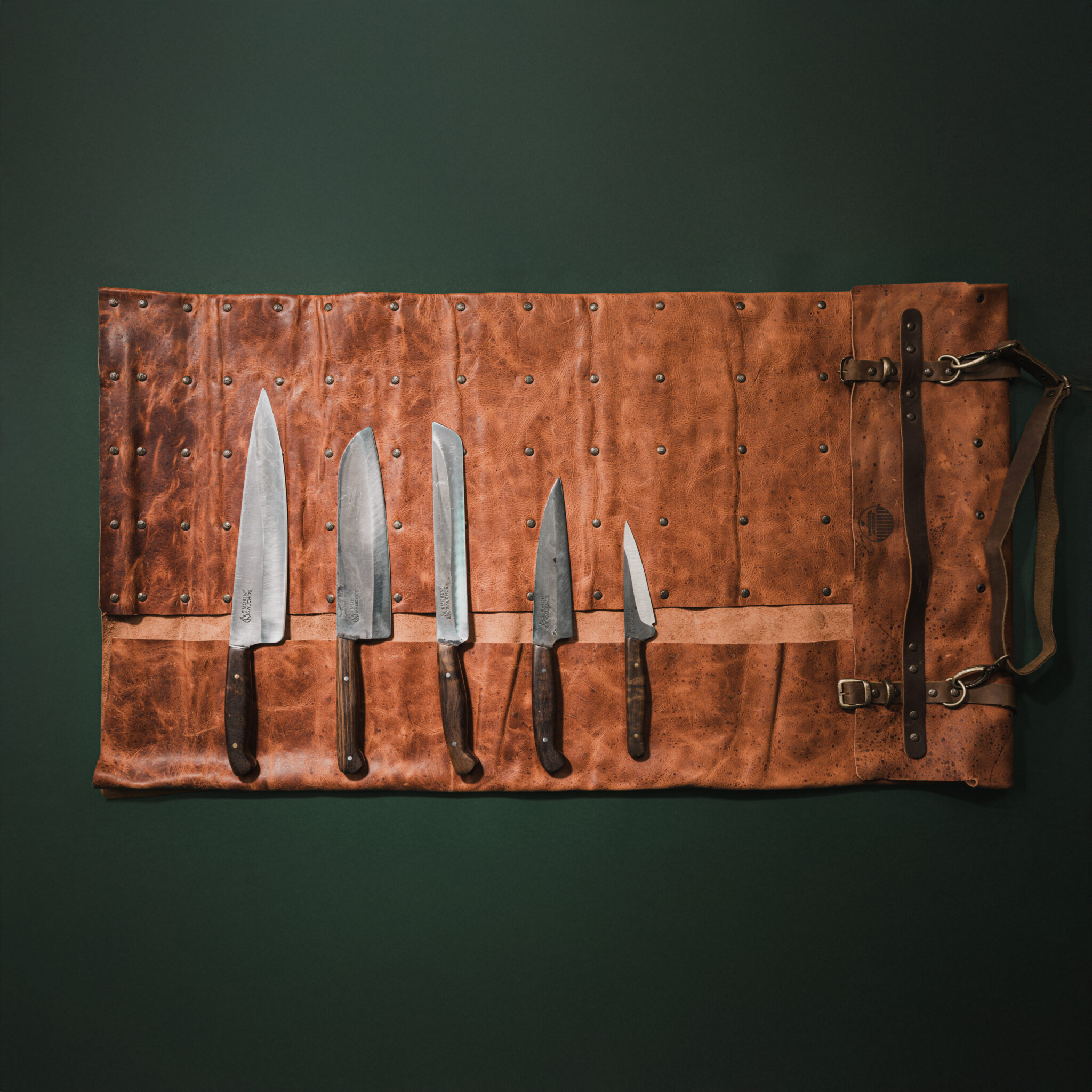 Smokin' Gauchos Handmade Japanese Chef Knife Set w Leather Roll (6 Piece) Handmade Leather Knife Roll (7 Pockets)