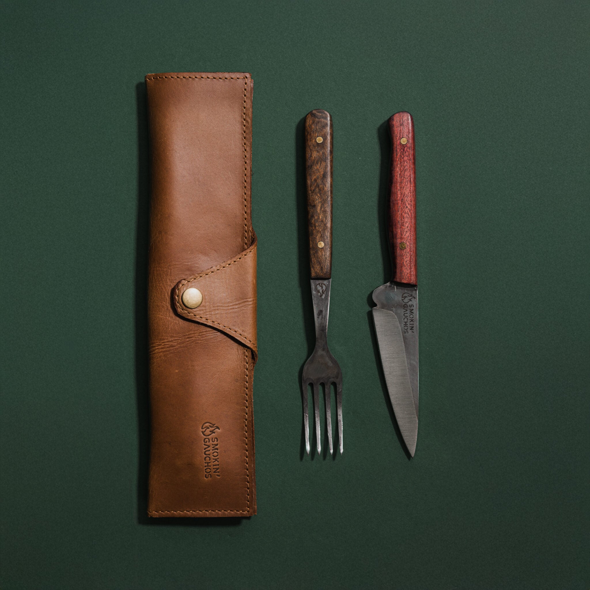 Smokin' Gaushos Camping Utensil Set – Fork & Knife Cutlery Set w Leather Pouch Stainless Steel Handmade Smokin' Gaushos Camping Utensil Set – Fork & Knife Cutlery Set w Leather Pouch Stainless Steel Handmade