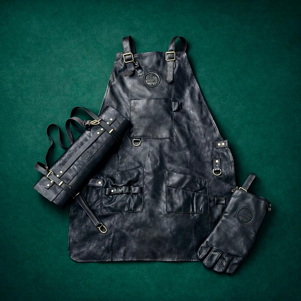 Handcrafted Leather Knife Roll Fire Gloves and Apron Set (Black)