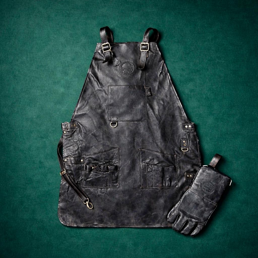 Handcrafted Leather Fire Gloves and Apron Set (Black)